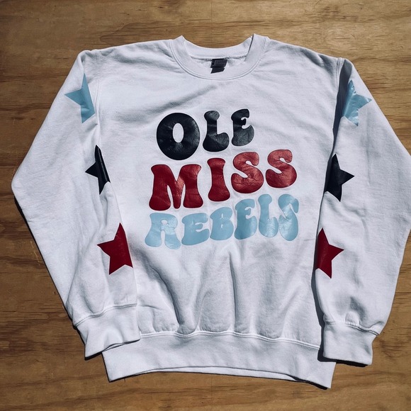 Gildan Tops - Gildan Ole Miss Rebels Sweatshirt White Small Stars Sleeve Crewneck Heavy Blend